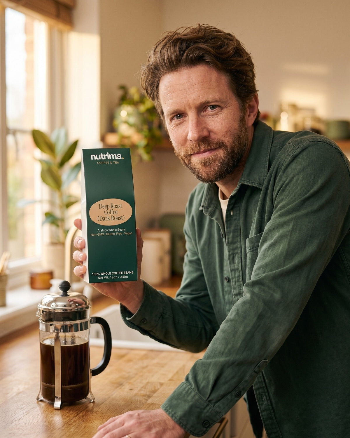 nutrima Deep Roast Coffee (Dark Roast) bag held by a man at a kitchen counter beside a French press — AI-generated brand image