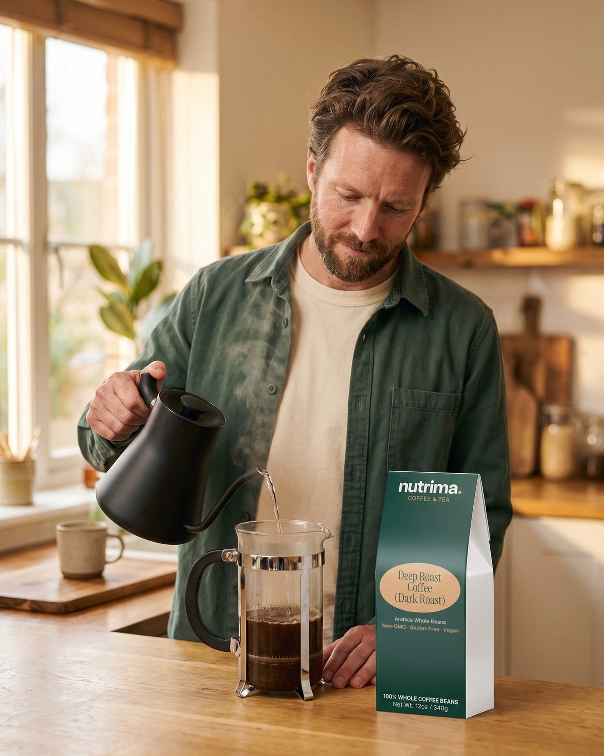 nutrima Deep Roast Coffee (Dark Roast) bag on a counter as a man pours hot water into a French press — AI-generated brand image