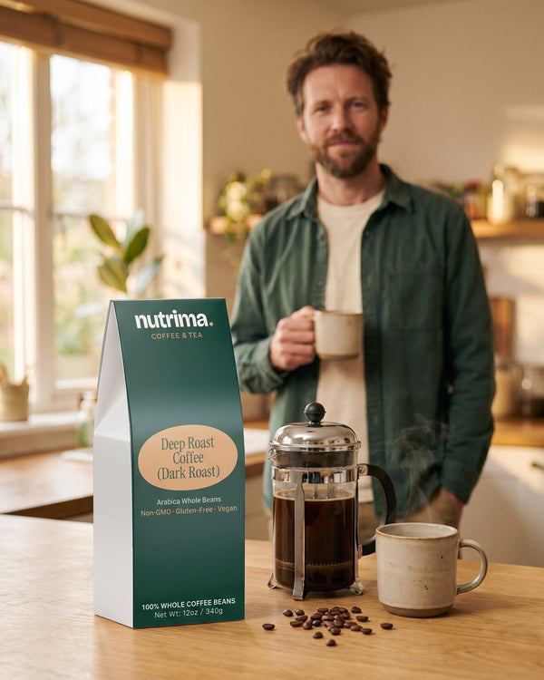 nutrima Deep Roast Coffee (Dark Roast) bag on a kitchen counter beside a French press and mug, a man in the background — AI-generated brand image