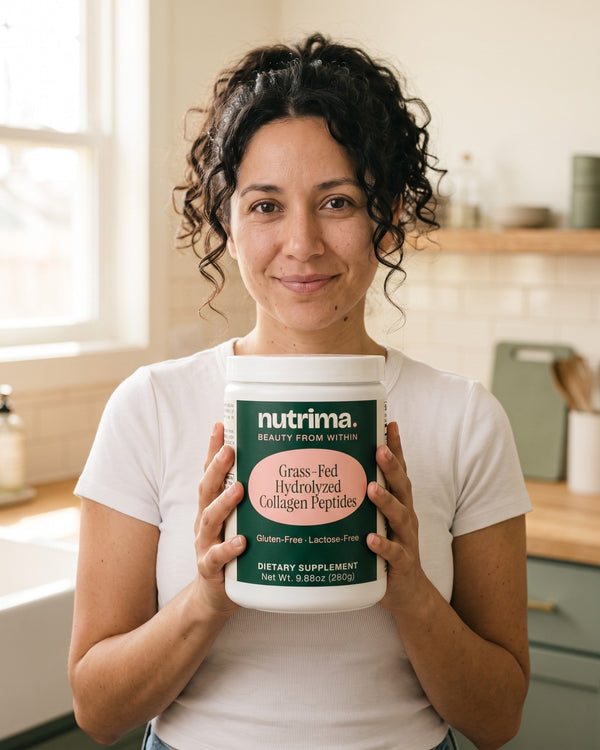 nutrima Grass-Fed Hydrolyzed Collagen Peptides tub held by a woman in a kitchen — AI-generated brand image