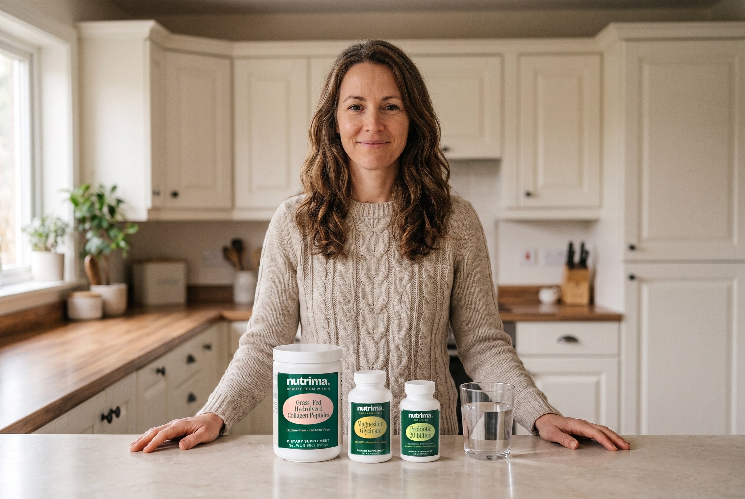 nutrima Grass-Fed Hydrolyzed Collagen Peptides, Magnesium Glycinate and Probiotic 20 Billion on a kitchen counter, a woman standing behind them — AI-generated brand image