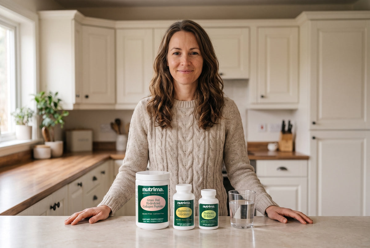 nutrima Grass-Fed Hydrolyzed Collagen Peptides, Magnesium Glycinate and Probiotic 20 Billion on a kitchen counter, a woman standing behind them — AI-generated brand image