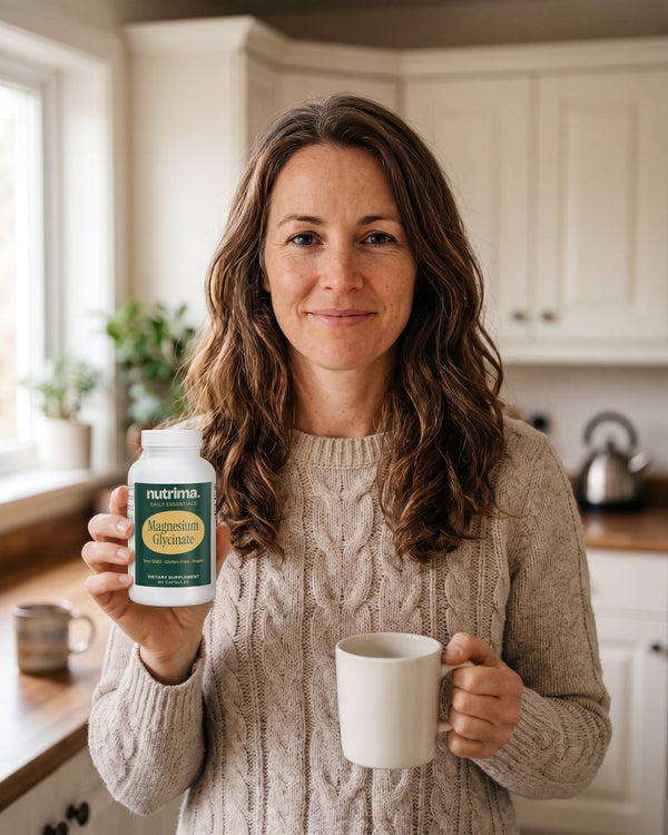 nutrima Magnesium Glycinate bottle held by a woman in a morning kitchen — AI-generated brand image