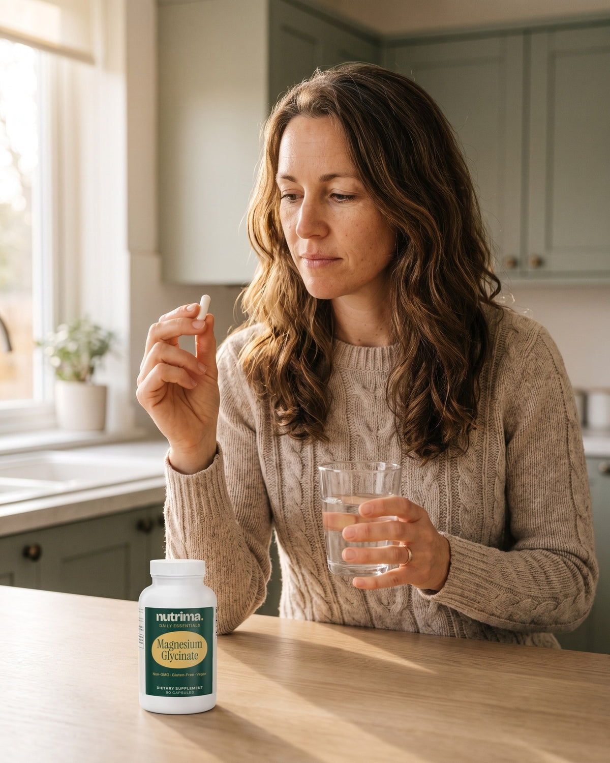 nutrima Magnesium Glycinate bottle on a kitchen counter, a woman holding a capsule and a glass of water — AI-generated brand image