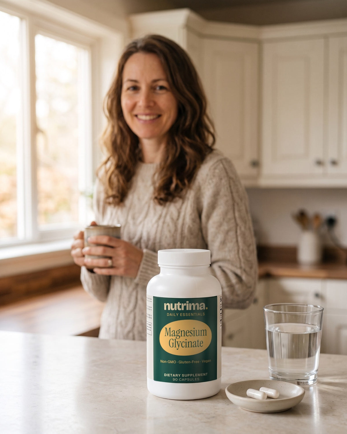 nutrima Magnesium Glycinate bottle on a kitchen counter beside two capsules and a glass of water, a woman in the background — AI-generated brand image