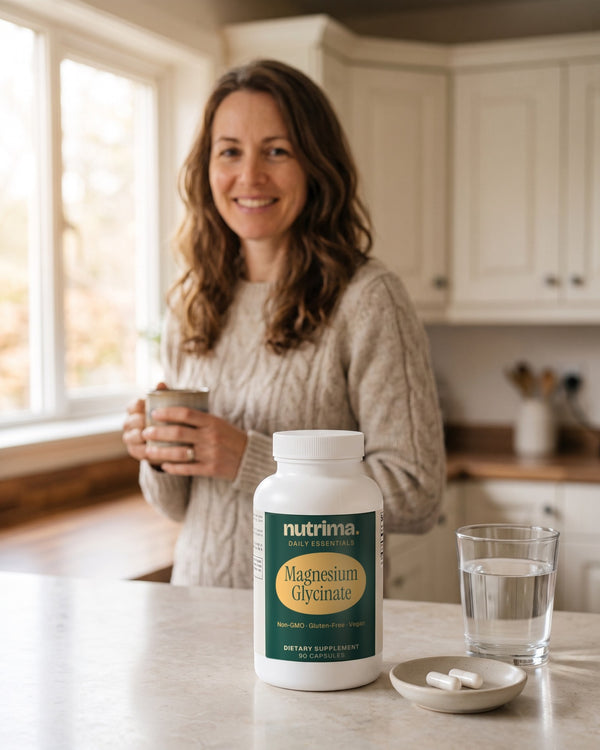 nutrima Magnesium Glycinate bottle on a kitchen counter beside two capsules and a glass of water, a woman in the background — AI-generated brand image