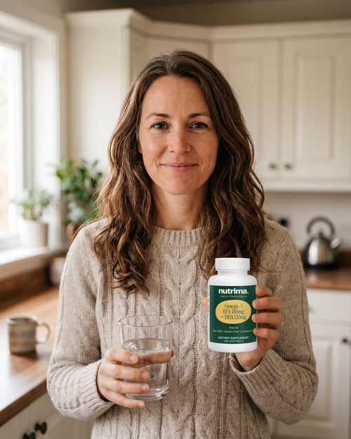 nutrima Omega-3 EPA 180mg + DHA 120mg bottle held by a woman in a morning kitchen with a glass of water — AI-generated brand image