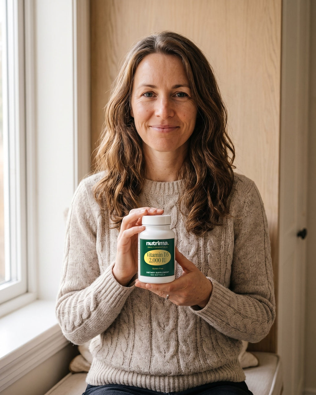 nutrima Vitamin D3 2,000 IU bottle held by a woman sitting by a window — AI-generated brand image