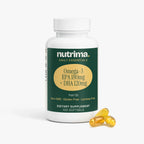 Omega-3 EPA 180mg + DHA 120mg softgels displayed beside the white bottle, emphasizing the fish oil supplement by nutrima.