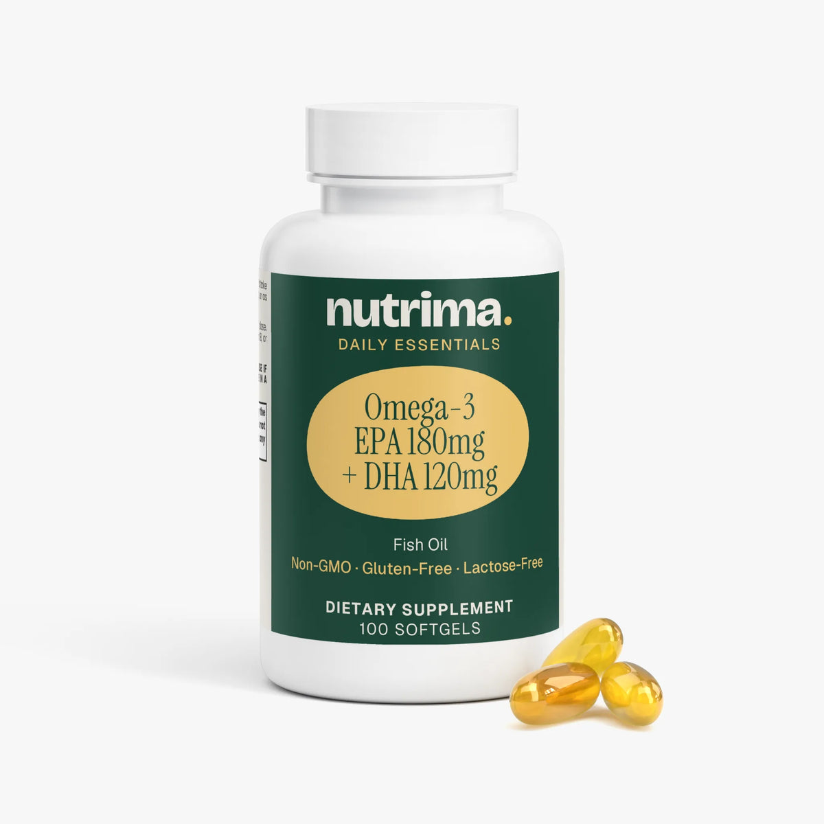 Omega-3 EPA 180mg + DHA 120mg softgels displayed beside the white bottle, emphasizing the fish oil supplement by nutrima.