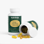 Omega-3 EPA 180mg + DHA 120mg softgels spilling from an open bottle, featuring distinct packaging design by nutrima.