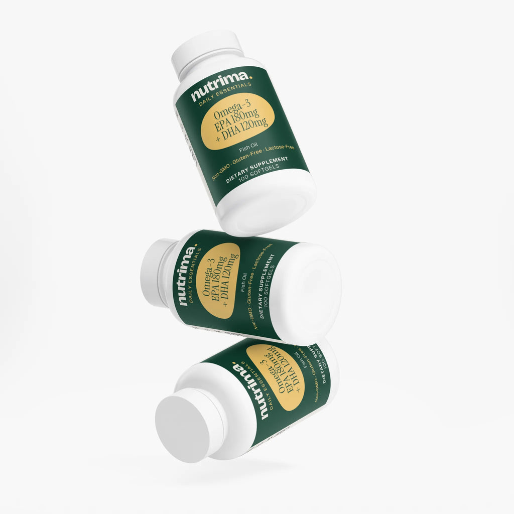 Three bottles of Omega-3 EPA 180mg + DHA 120mg floating against a white background, by nutrima.