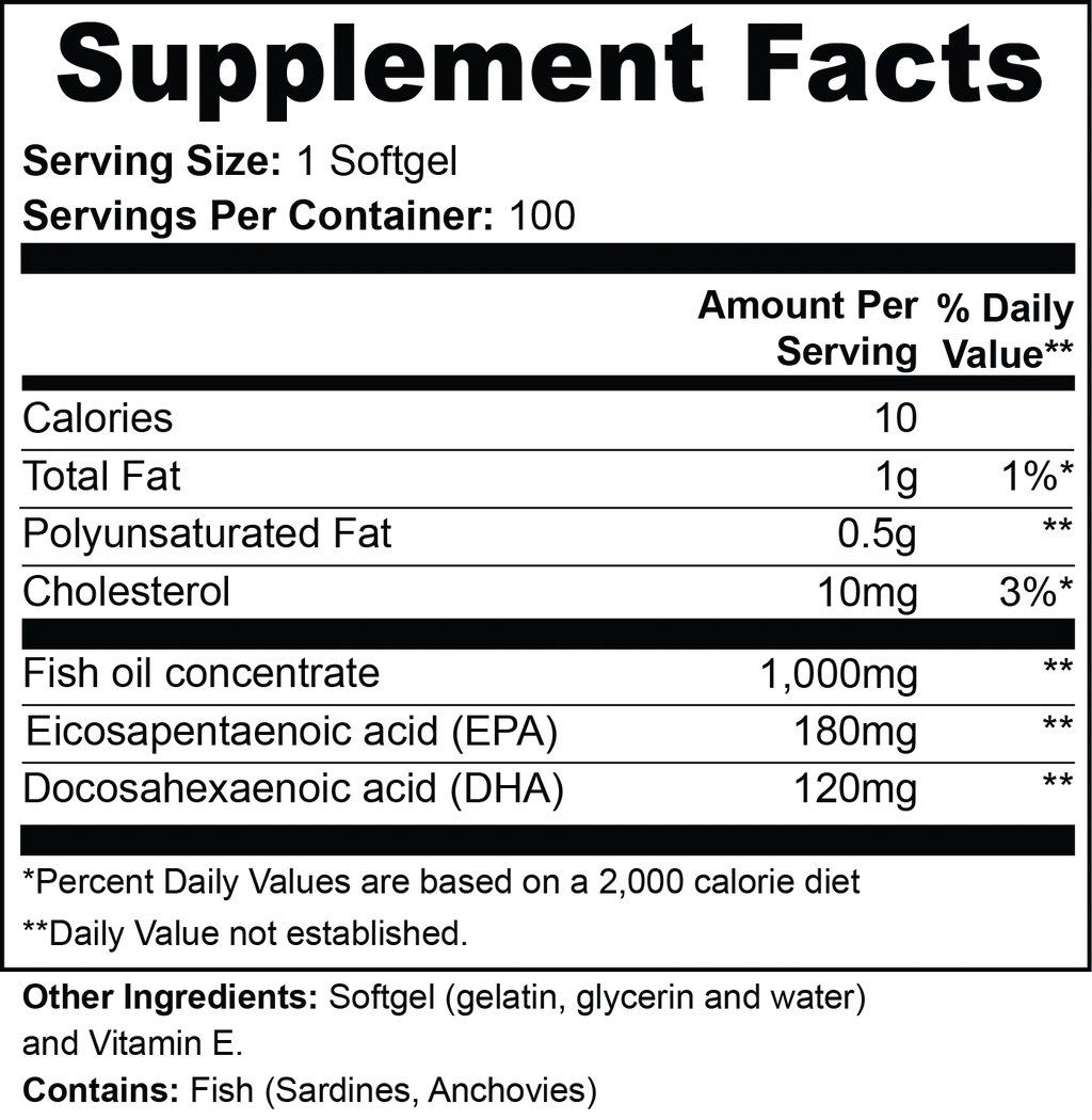 Supplement facts for Omega-3 EPA 180mg + DHA 120mg softgel, detailing nutritional values by nutrima.
