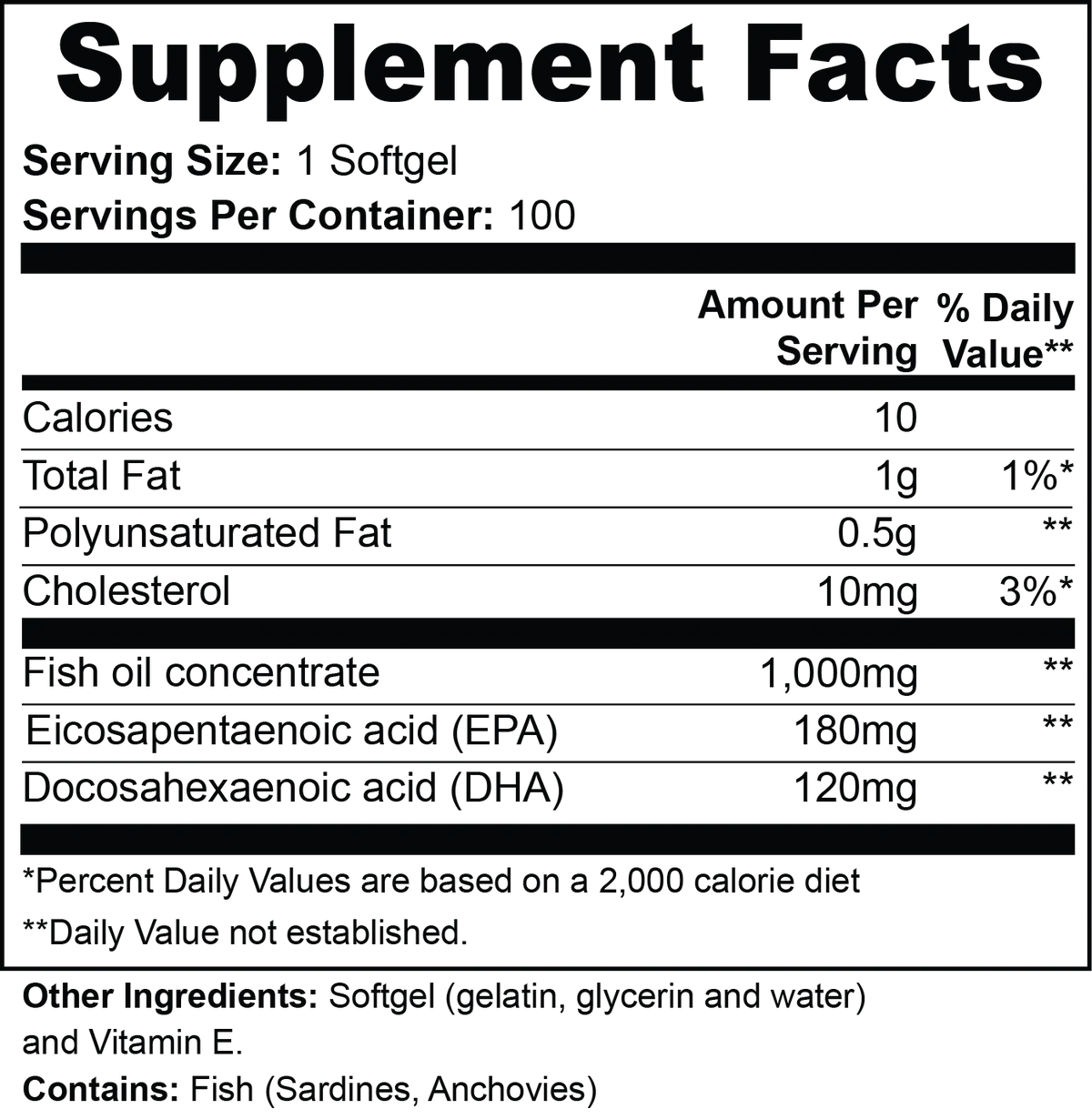 Supplement facts for Omega-3 EPA 180mg + DHA 120mg softgel, detailing nutritional values by nutrima.