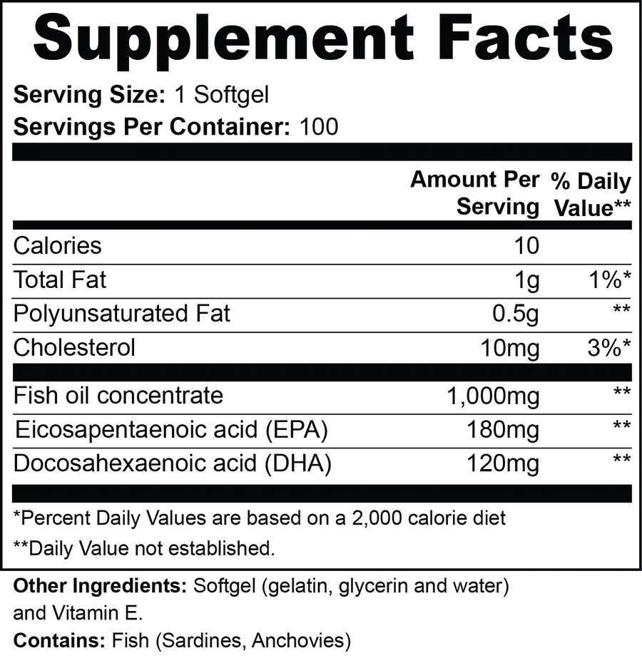 Supplement facts for Omega-3 EPA 180mg + DHA 120mg softgel, detailing nutritional values by nutrima.