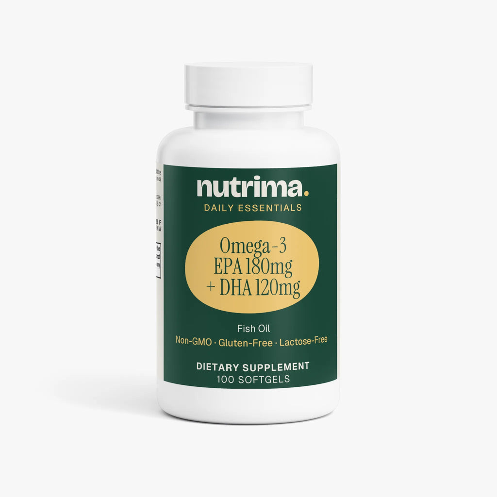 Nutrima Omega-3 EPA 180mg + DHA 120mg fish oil softgel bottle with a white lid and green label.