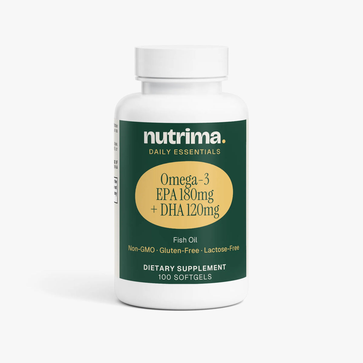 Nutrima Omega-3 EPA 180mg + DHA 120mg fish oil softgel bottle with a white lid and green label.