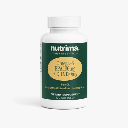 Nutrima Omega-3 EPA 180mg + DHA 120mg fish oil softgel bottle with a white lid and green label.