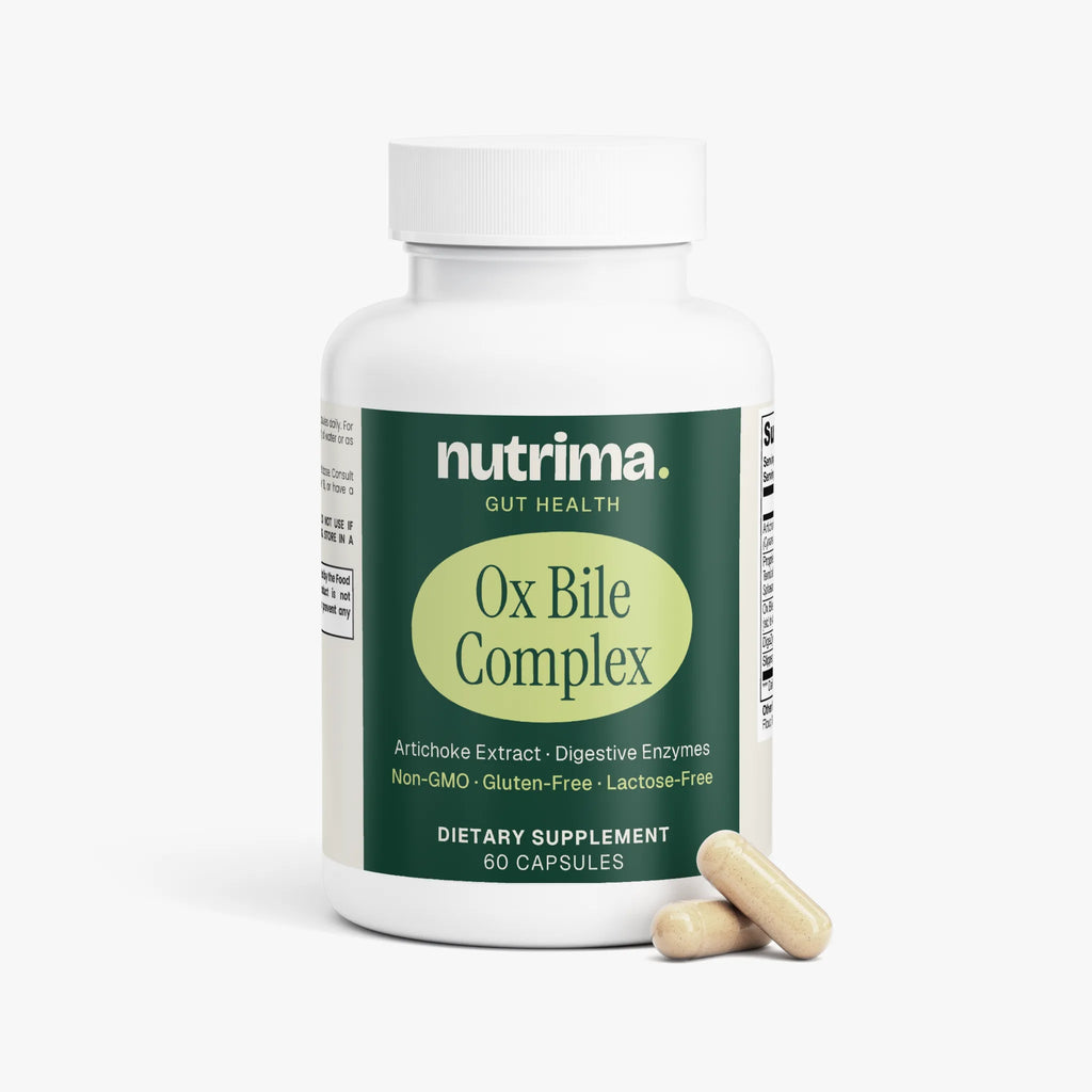 White bottle of Ox Bile Complex capsules with a green label and three pills in front, by nutrima.