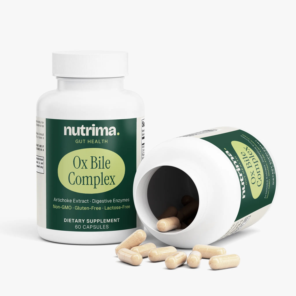 Ox Bile Complex dietary supplement bottle with capsules spilled out, featuring green label by nutrima.