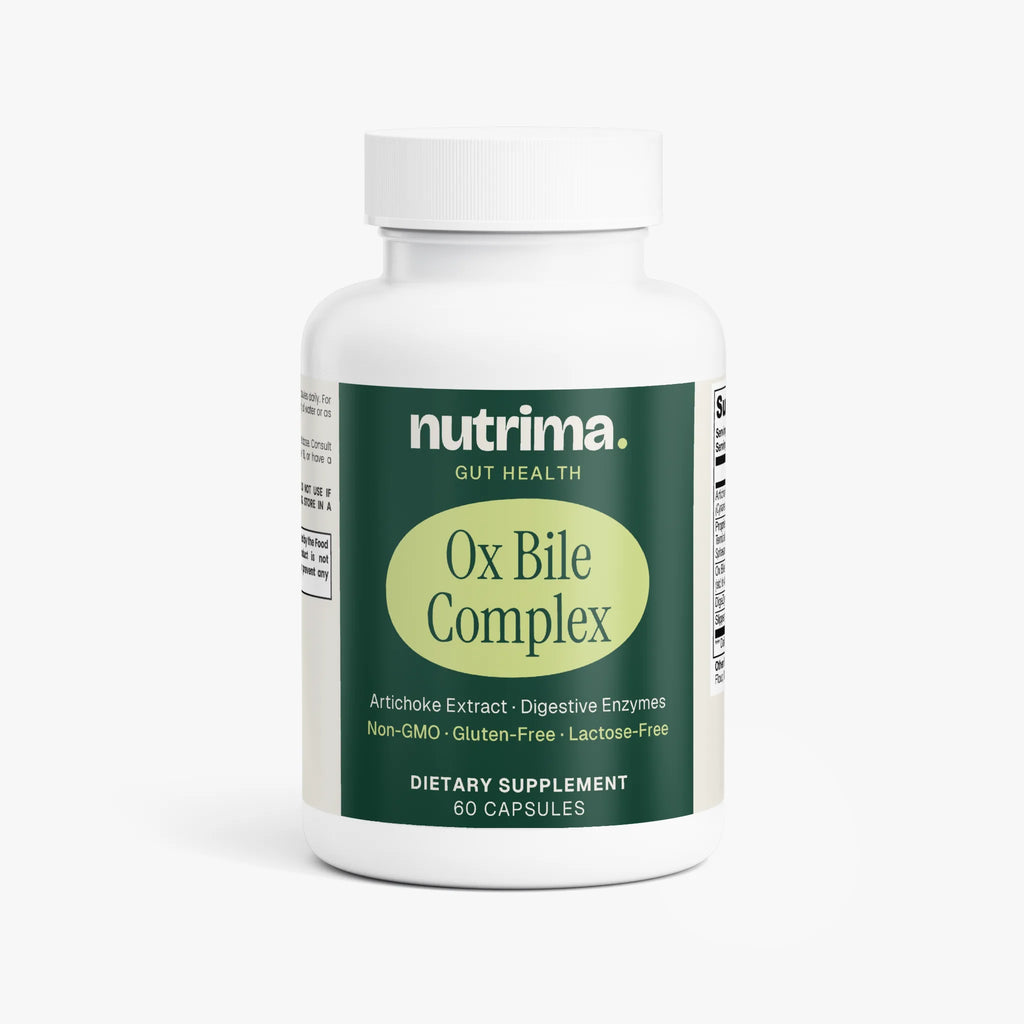 Ox Bile Complex dietary supplement bottle featuring a green label with yellow accent by nutrima, containing 60 capsules.