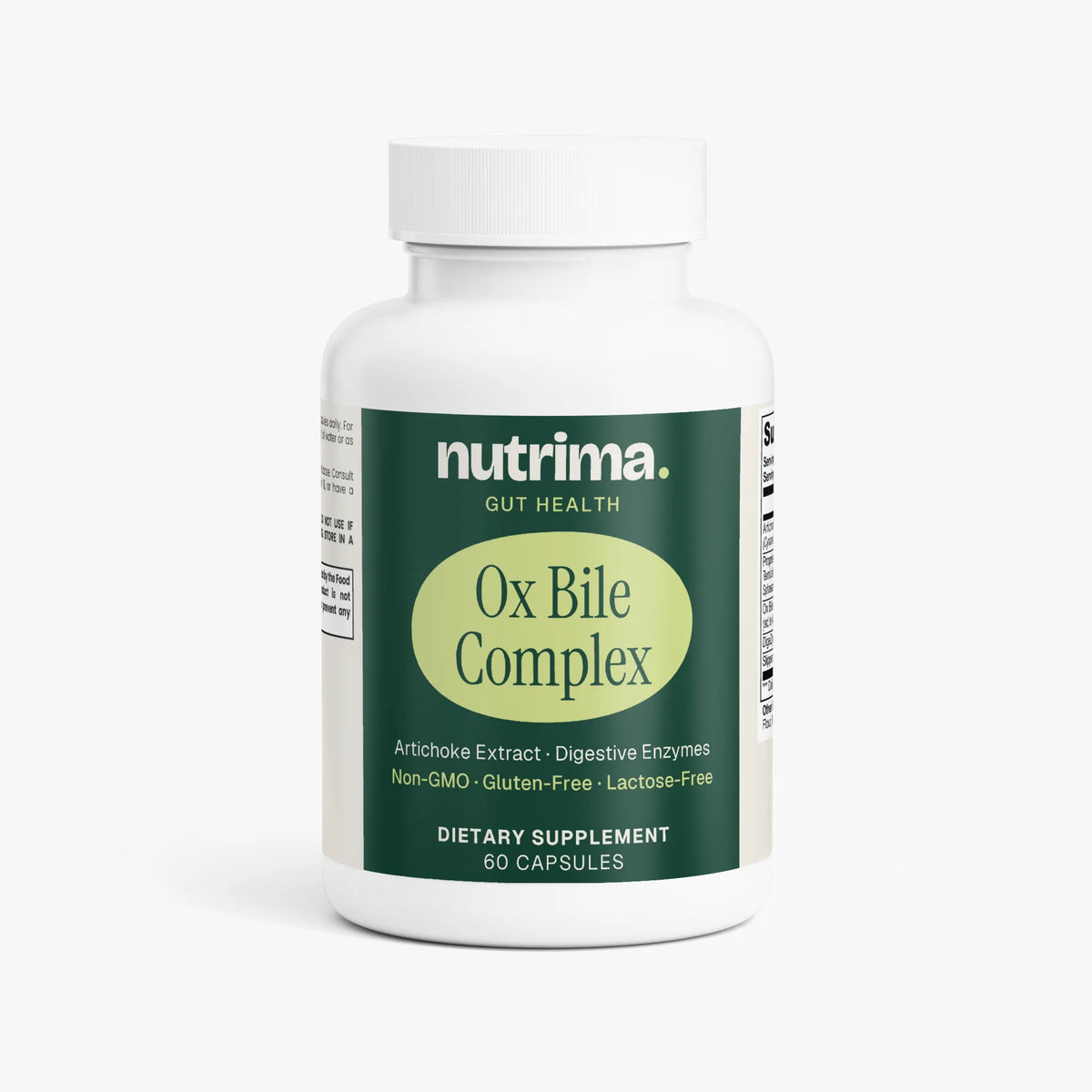 Ox Bile Complex dietary supplement bottle featuring a green label with yellow accent by nutrima, containing 60 capsules.