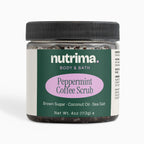 Close-up image of Peppermint Coffee Scrub in a black jar highlighting its rich texture and vibrant label by nutrima.