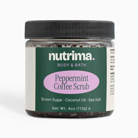Close-up image of Peppermint Coffee Scrub in a black jar highlighting its rich texture and vibrant label by nutrima.