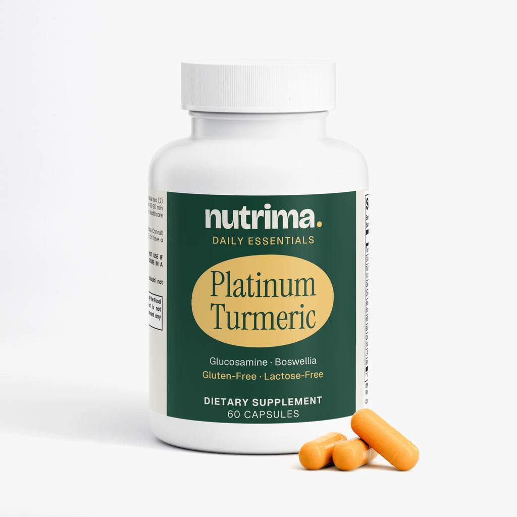 Platinum Turmeric bottle with yellow capsules, highlighting its gluten-free and lactose-free formula by nutrima.