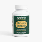 Platinum Turmeric dietary supplement in a white bottle with a green label, featuring 60 capsules by nutrima.