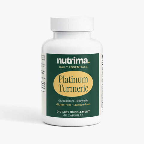 Platinum Turmeric dietary supplement in a white bottle with a green label, featuring 60 capsules by nutrima.