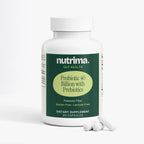 White bottle of Probiotic 40 Billion with Prebiotics showcasing capsules, labeled as a dietary supplement by nutrima.