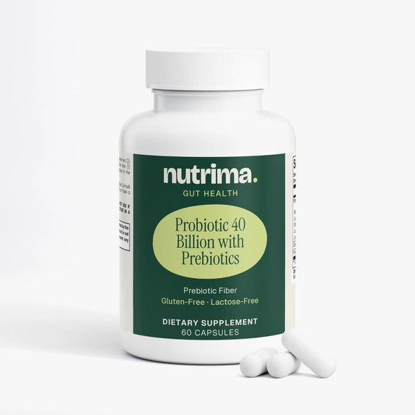 White bottle of Probiotic 40 Billion with Prebiotics showcasing capsules, labeled as a dietary supplement by nutrima.