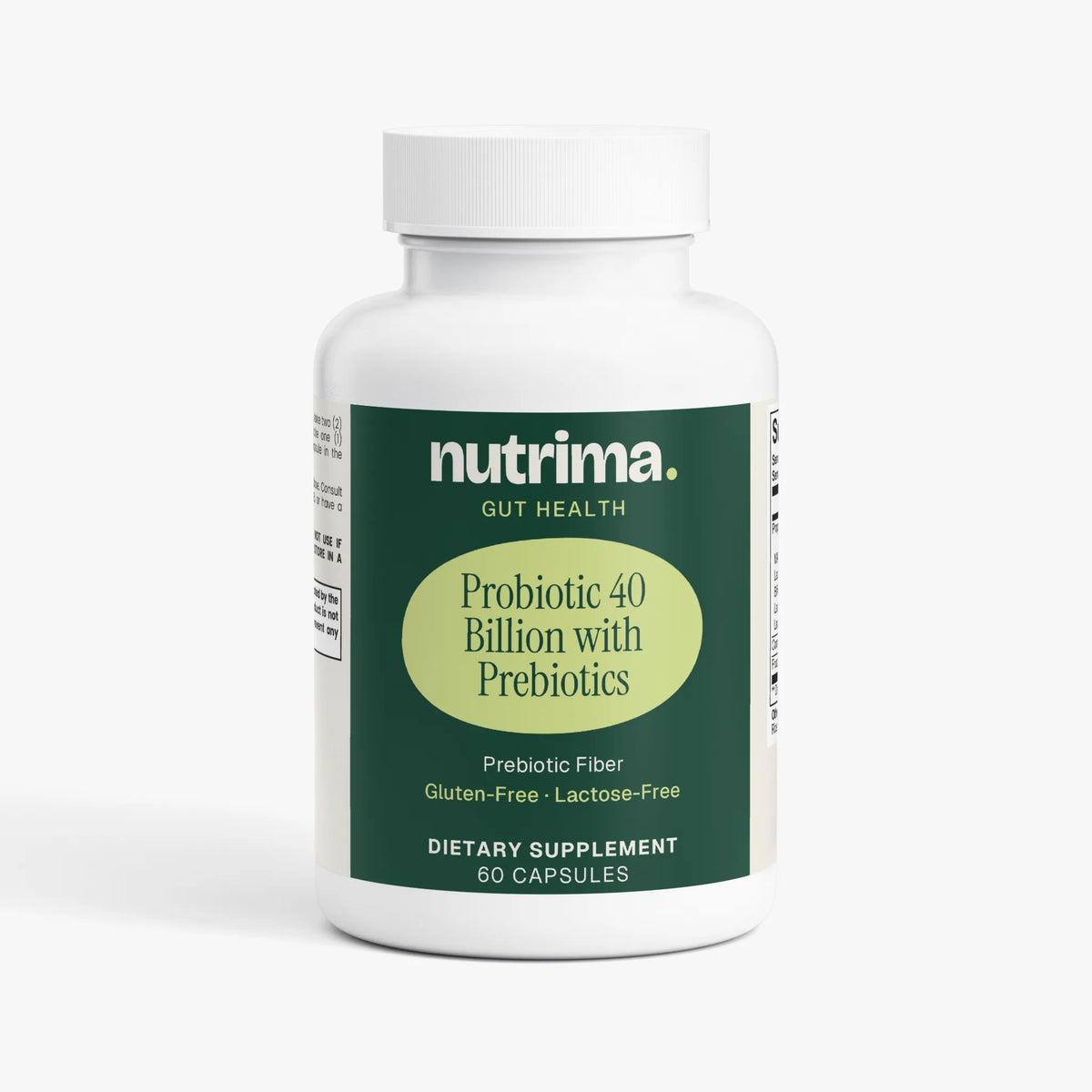 White bottle with green label showcasing Probiotic 40 Billion with Prebiotics dietary supplement by nutrima.