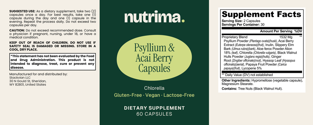 Supplement facts label for Psyllium & Acai Berry Capsules, 60 Count, with ingredients, suggested use and warnings