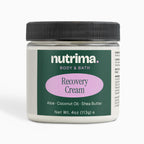 Recovery Cream by nutrima in a clear jar featuring a black lid and distinctive green label design.