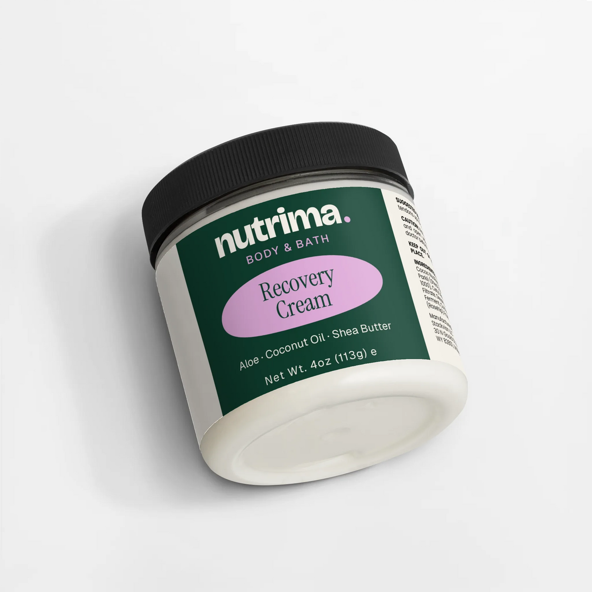 Recovery Cream jar featuring a green label with a purple accent, 4 oz size, by nutrima.