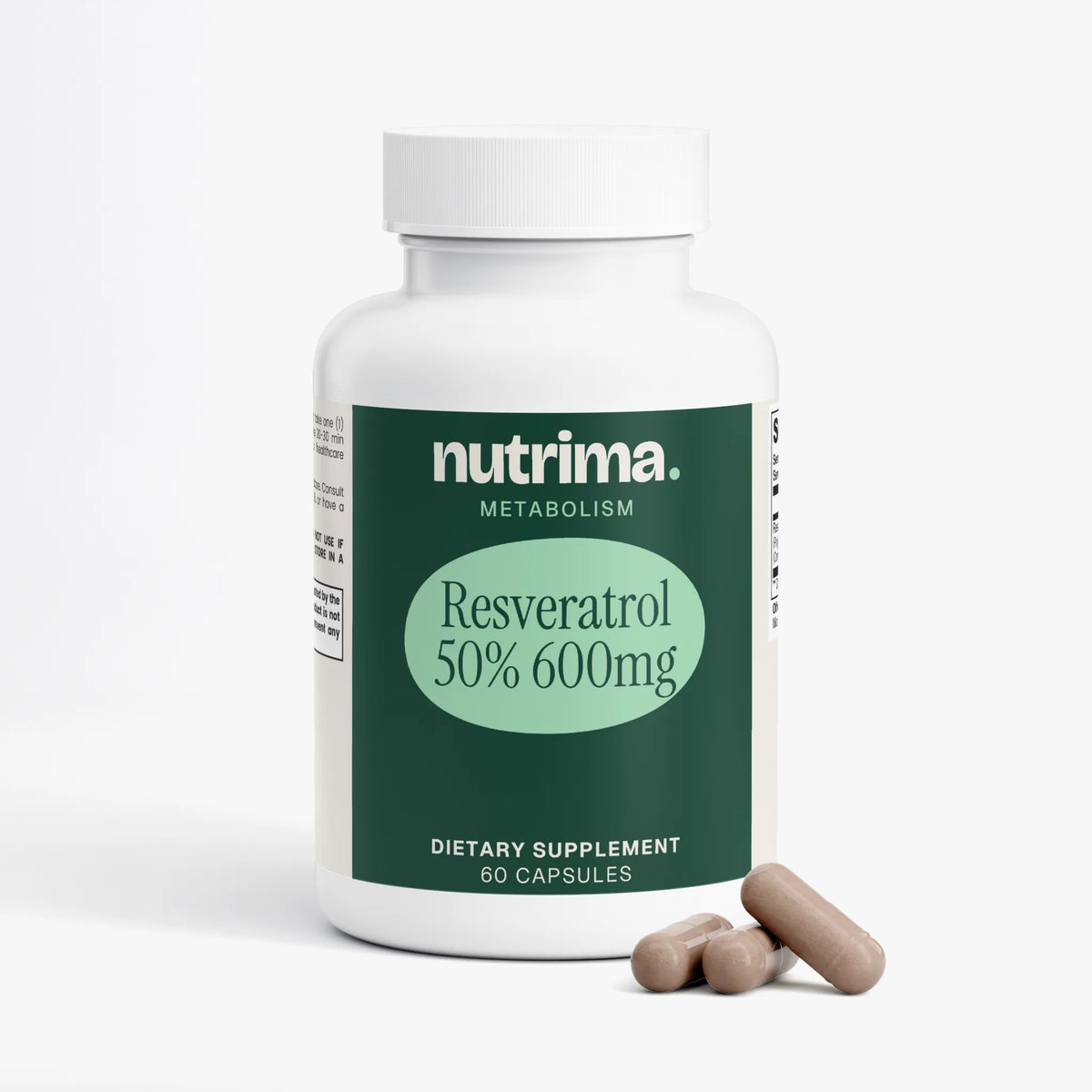 Resveratrol 50% 600mg dietary supplement bottle with three capsules displayed, by nutrima.