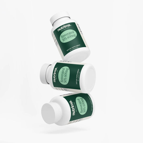 Three bottles of Resveratrol 50% 600mg dietary supplement capsules by nutrima, featuring a green label design.