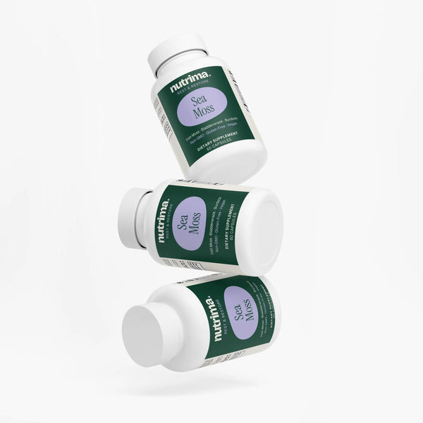 Three bottles of Sea Moss dietary supplement by nutrima, featuring a vibrant green and purple design on white containers.