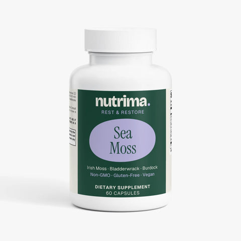 Nutrima Sea Moss dietary supplement bottle featuring a green and purple label, containing 60 capsules.