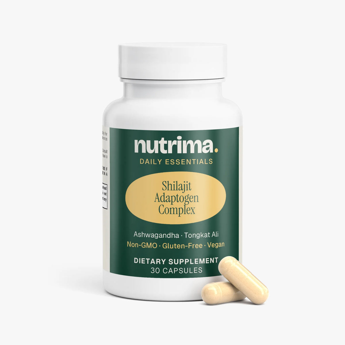 White bottle with green label displaying Shilajit Adaptogen Complex dietary supplement by nutrima with three capsules.