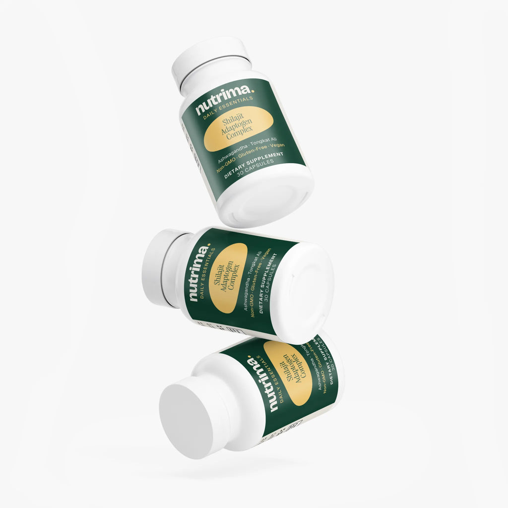 Three bottles of Shilajit Adaptogen Complex are displayed, featuring green labels and showcasing the product by nutrima.