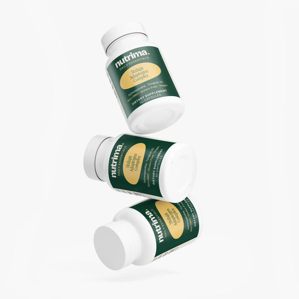 Three bottles of Shilajit Adaptogen Complex are displayed, featuring green labels and showcasing the product by nutrima.
