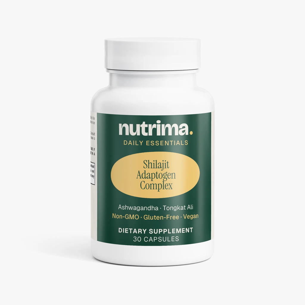 The Shilajit Adaptogen Complex bottle features a clean white design with green and gold accents by nutrima.