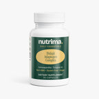 The Shilajit Adaptogen Complex bottle features a clean white design with green and gold accents by nutrima.