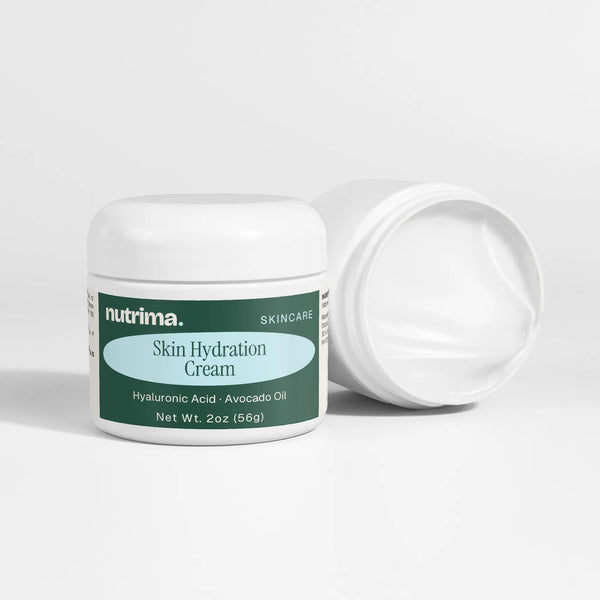 The white jar of Skin Hydration Cream by nutrima is shown with its lid off, revealing the creamy texture inside.