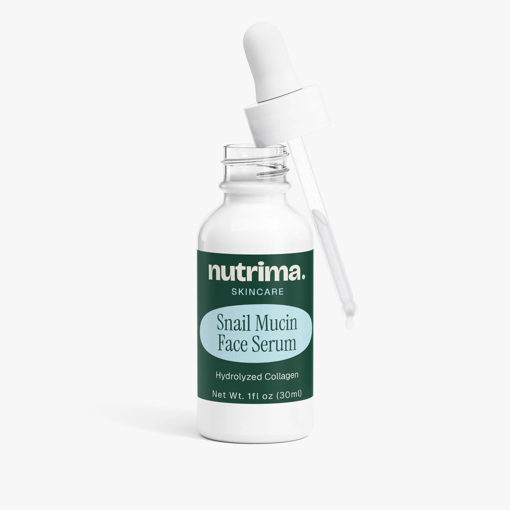 White bottle of Snail Mucin Face Serum with dropper, featuring a green label, by nutrima.