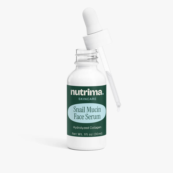 White bottle of Snail Mucin Face Serum with dropper, featuring a green label, by nutrima.