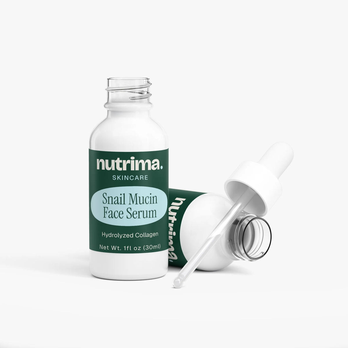 Two bottles of Snail Mucin Face Serum with a dropper, featuring a sleek green and white design by nutrima.